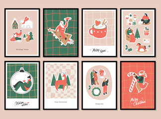 Christmas and New Year vector print poster set. Greeting card, wallpaper, banner, wall art poster, winter illustration