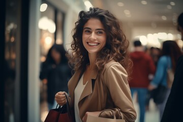 Portrait of beautiful woman with shopping bags at mall