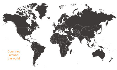 国境線のある世界地図、大西洋、モノクロ