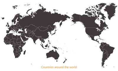 Obraz premium 国境線のある世界地図、大平洋、モノクロ