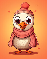 Obraz premium Adorable Turkey Gobbler Character Wearing a Scarf on Gradient Peachy Background with Fall Leaves - Fun Kids Cartoon Illustration Style for Thanksgiving in Autumnal Color Tones - Vertical