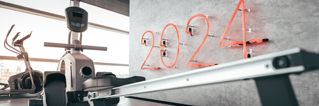 Conceptual 2024 New Years resolution for fitness and well being in a gym environment 3d render