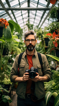 Handsome male photographer standing in green house taking pictures