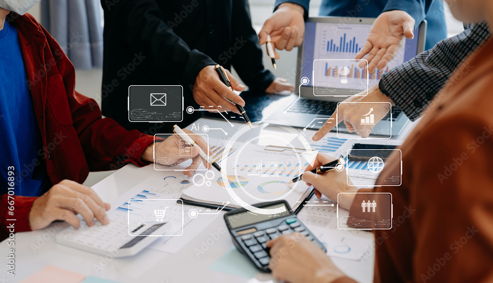 Poster working team meeting concept, business using laptop and smart phone and digital tablet computer with