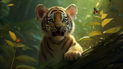 A tiger cub engrossed in playful antics, pawing the air as if capturing a phantom butterfly; the...