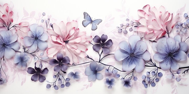 Fond d'&eacute;cran abstrait, motif de fleurs aquarelles, nature, insectes, feuilles, plantes. IA g&eacute;n&eacute;rative, IA