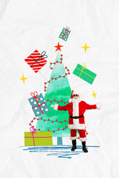 Collage sketch image of funky excited santa claus preparing new year event isolated white color background