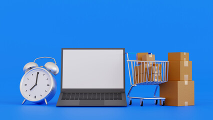 Online shopping time, laptop with supermarket cart trolley and parcel box e-commerce, 3D rendering.