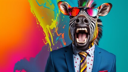 A zebra-headed individual wearing a formal business shirt, caught mid-laughter, set against a lively multicolor background, blending elements of the wild and the corporate world with humor