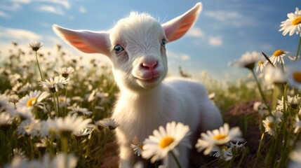 Baby goats exuding gaiety while gamboling among daisies; their fluffy fur complemented remarkably by the white petals and green stems that fill the bucolic landscape.