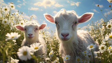 Baby goats exuding gaiety while gamboling among daisies; their fluffy fur complemented remarkably by the white petals and green stems that fill the bucolic landscape.