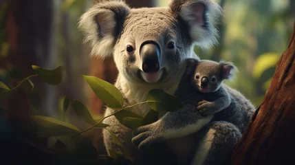 Foto op Aluminium Captured in a moment of tender stillness, a mother koala and her young ascend a eucalyptus tree. Their fur exudes a comforting softness, contrasting intriguingly with the rough, textured bark. © Arisha