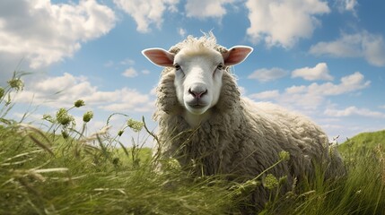 Obraz premium In a pasture replete with lush, verdant grass, a single sheep stands out from its woolly kin by audaciously sticking out its tongue, imbuing the frame with whimsicality.