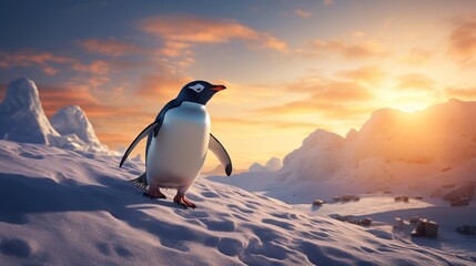 In the quietude of the frozen landscape, a Gentoo penguin waddles across a pristine snowfield, its uplifted foot almost suspended in time, marking a delicate balance between motion and stillness.