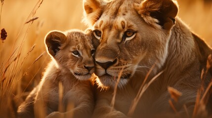 Obraz premium A lioness and her cub display a rare moment of vulnerability; the pair, surrounded by the vast expanse of grassy plains, epitomize the complex dimensions of predator affection.