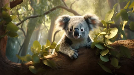 Fotobehang Situated in his arboreal sanctuary, a koala rests with a serendipitous grin on his furry visage. He appears as if softly cradled by the eucalyptus tree's limbs, a picture of bucolic peace. © Artist