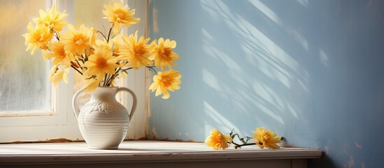 Elegant flowers in a yellow vase by the window