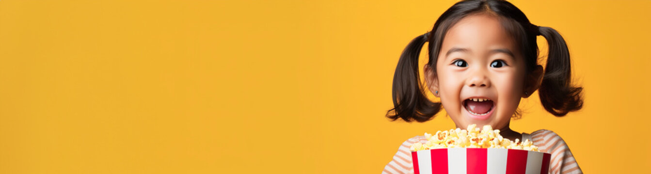 banner excited movie, portrait smiling asian child girl with two ponytails hair eating popcorn from big cinema red striped box isolated over yellow background, copyspace.