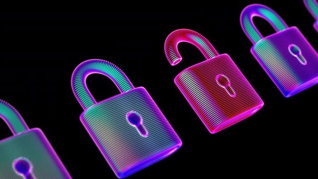 Row of 3D blue glowing locked padlocks with one unlocked red padlock. Cyber security, hacker attack and digital data protection abstract concept. Looped 4K animation of information privacy in internet
