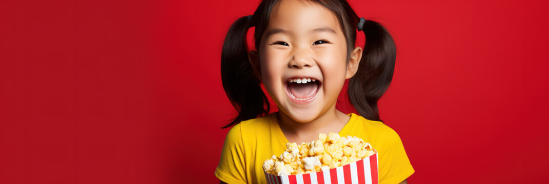 banner excited movie, portrait smiling asian child girl with two ponytails hair eating popcorn from big cinema red striped box isolated over red background, copyspace. - Powered by Adobe