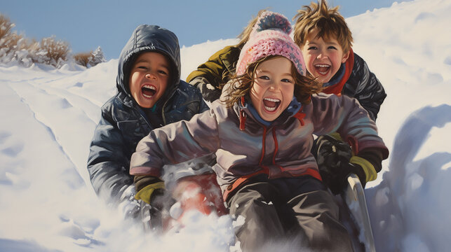 Children laugh and hold on tight as they sled down a snow-covered hill