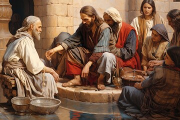 Jesus washing the disciples' feet, artistic depiction - biblical story - obrazy, fototapety, plakaty