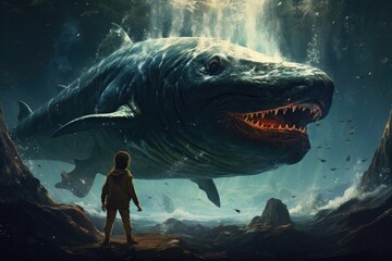 Jonah and the big fish - biblical story - obrazy, fototapety, plakaty