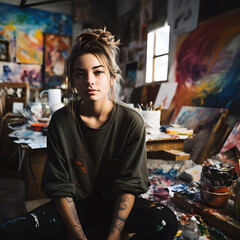 Young teen student artist sitting in a art workshop - obrazy, fototapety, plakaty