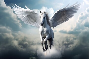 Majestic white stallion with wings soaring through the heavens.