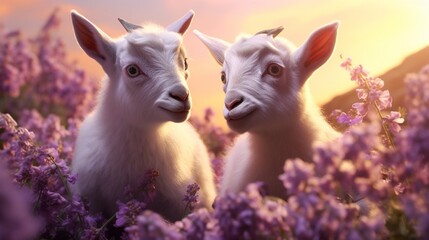 Two animated baby goats cavorting amidst a profusion of lavender blossoms, with their energetic...