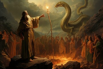 Moses and the serpent staff miracle - biblical story - obrazy, fototapety, plakaty