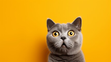 A British Shorthair cat stares directly into the lens, its eyes bulging with mock surprise. This feline's comical face creates an absurd juxtaposition against the saturated orange background