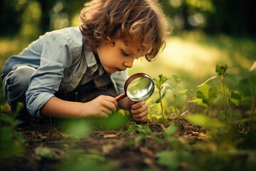 Curious child with a magnifying glass inspecting nature - Learning and education