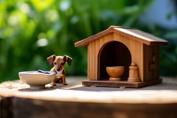 Tiny canine by wooden doghouse beside food bowl. Generative AI - obrazy, fototapety, plakaty