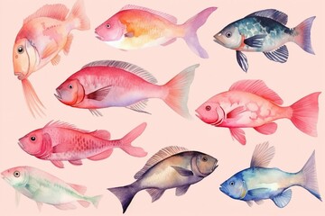 Illustration of diverse sea fish in watercolor on pink background. Generative AI