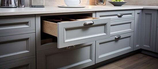 Fototapeta premium Kitchen interior with open drawers countertop