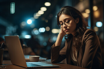 Shot of a young businesswoman looking worn out while using a laptop during a late night at work 