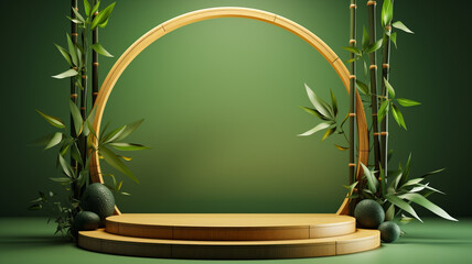 Wooden display podium on bamboo forest background