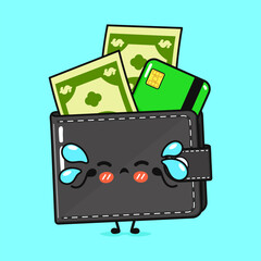 Cying Wallet with money and credit card character. Vector hand drawn cartoon kawaii character illustration icon. Isolated on blue background. Sad Wallet with money and credit card character concept