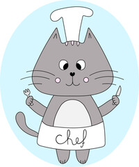 Cute happy cat chef character with a knife and fork in cartoon style. Vector illustration for design pet food, logo cafe or restaraunt advertising 