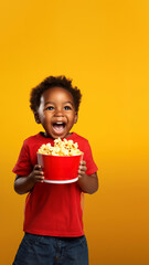vertical portrait smiling African American child boy eating popcorn from big cinema red striped box isolated over yellow background , copyspace.