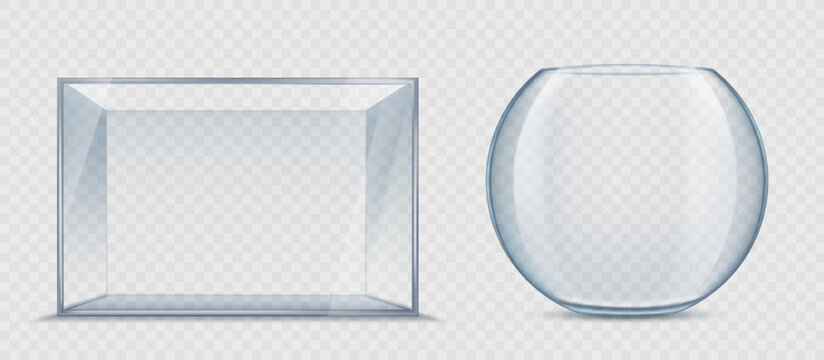 Mockup glass empty aquariums. Template isolated on transparent background. Vector stock illustration
