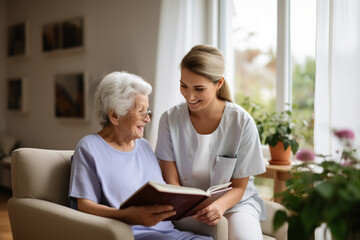 Shot of a nurse and a senior woman looking at a photo album together - obrazy, fototapety, plakaty