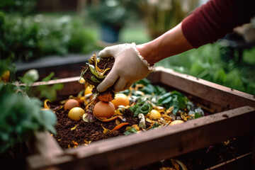Person composting food waste in backyard compost bin garden