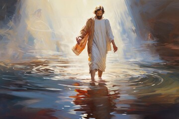 Peter walking on water towards Jesus - biblical story - obrazy, fototapety, plakaty
