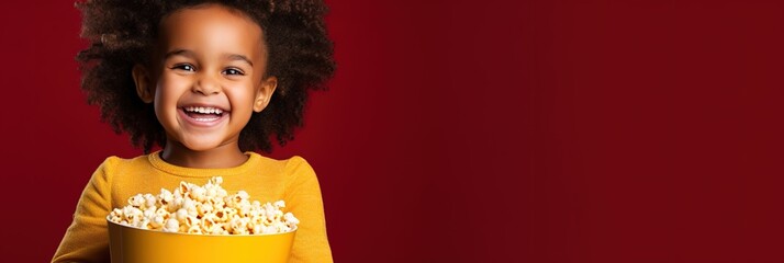 banner excited movie, portrait smiling African American child girl eating popcorn from big cinema red striped box isolated over dark red background, copyspace.