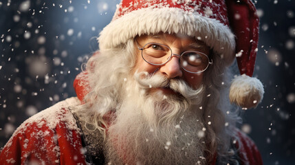 Authentic old Santa Claus at christmas with long white gray beard and red hat, snowflakes flying in xmas winter