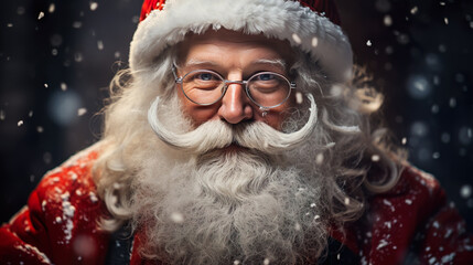 Authentic old Santa Claus at christmas with long white gray beard and red hat, snowflakes flying in xmas winter | Generative AI