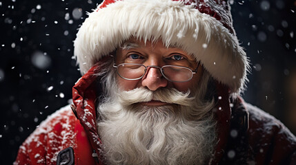 Authentic old Santa Claus at christmas with long white gray beard and red hat, snowflakes flying in xmas winter | Generative AI