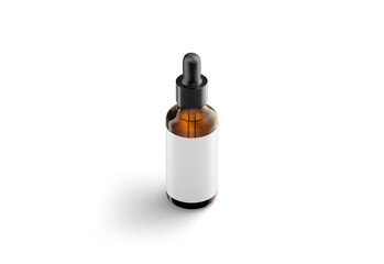 Blank transparent amber glass dropper bottle with white label mockup